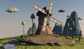low poly 风车场景 低面风车场景 卡通风车 C4D低面多边形风车景观工程文件 Low surface polygon windmill