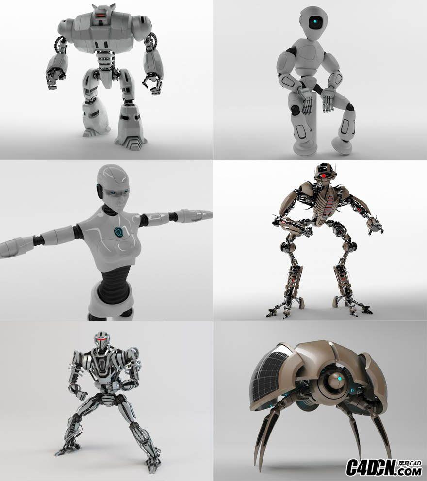 C4D 6个机器人模型合集，多种3D格式