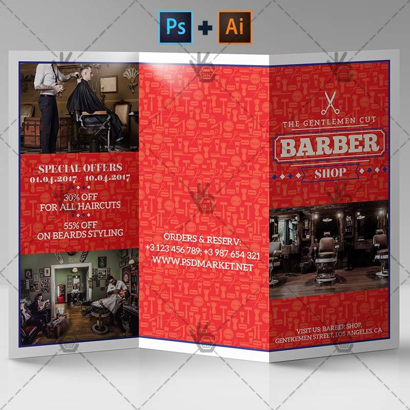 理发店三折页模板Barber Shop - Premium Tri-fold PSD/AI Brochure Template