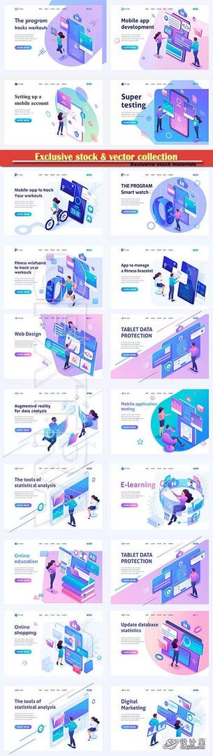 Set isometric landing pages, concept mobile application testing