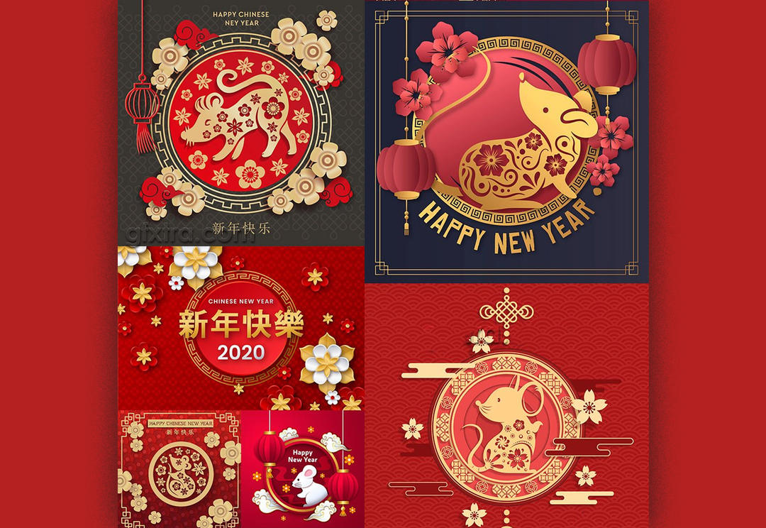 设计星素材分享平台happy Chinese New Year Rat Red Decor Backgrounds 5 农历新年老鼠红色背景素材 新年矢量素材