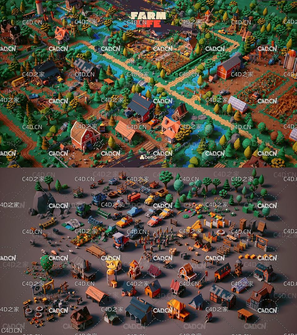 C4D低面多边形农场田园生活场景模型（建筑 植物 机械 树 动物 FBX/C4D 