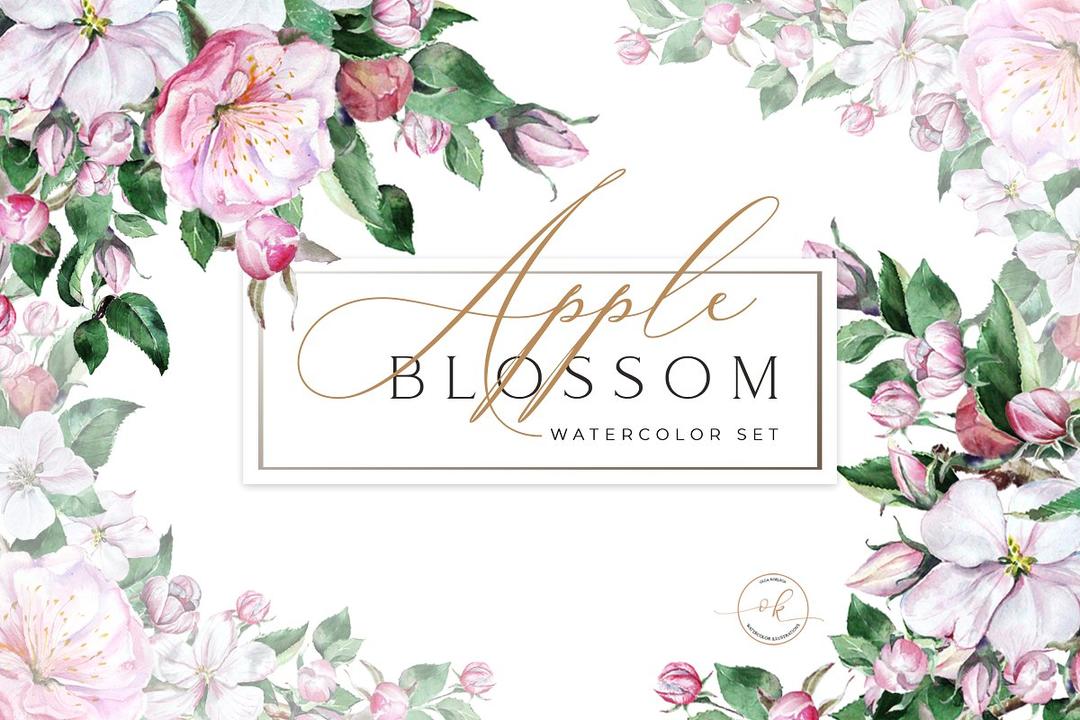 设计星素材分享平台apple Blossom Watercolor Set 苹果花朵水彩贴画苹果花水彩背景素材