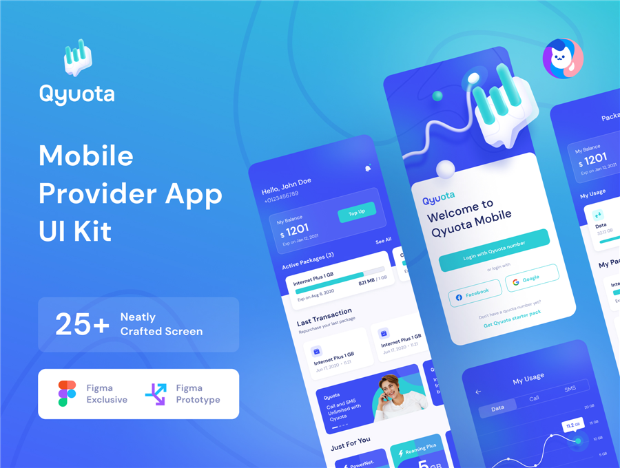Qyuota Mobile Provider App UI Kit 电信业务APP UI  电信运营商 话费充值APP UI模版