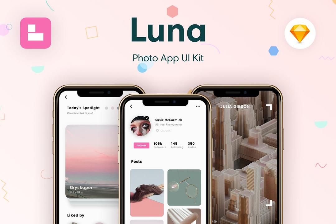 Luna Photo App UI Kit 图片设计APP UI模板  艺术灵感APP UI模版 图片社交APP UI模版
