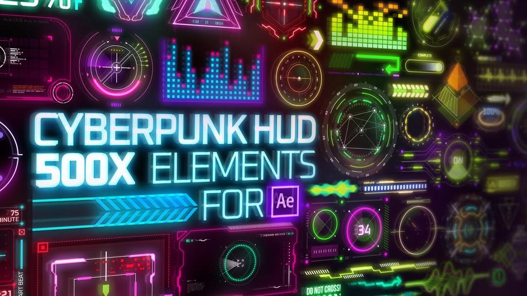 AE脚本-500+超酷未来科幻赛博朋克动作游戏视频科技感UI元素动画包Cyberpunk HUD Elements for After Effects 