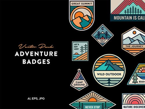24 Adventure Badges Vector Pack 夏令营探险旅游徽章矢量图