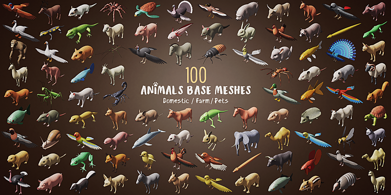 Blendermarket - 100 Animals Base Meshes For Blender - 3dmodel