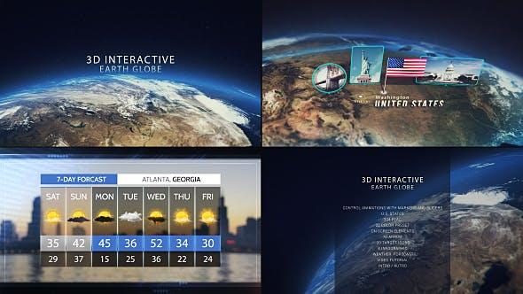 3D Interactive Earth Globe E3D工程三维地球位置标记地点介绍国家国旗信息展示旅行互动AE模板