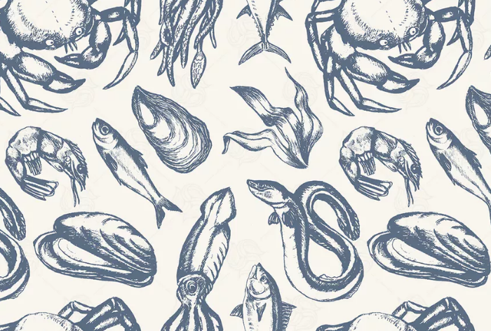 Delicious Seafood - hand drawn seamless pattern