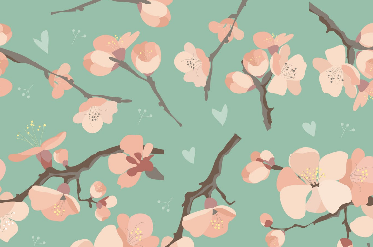 Seamless spring flowers on tree branch pattern