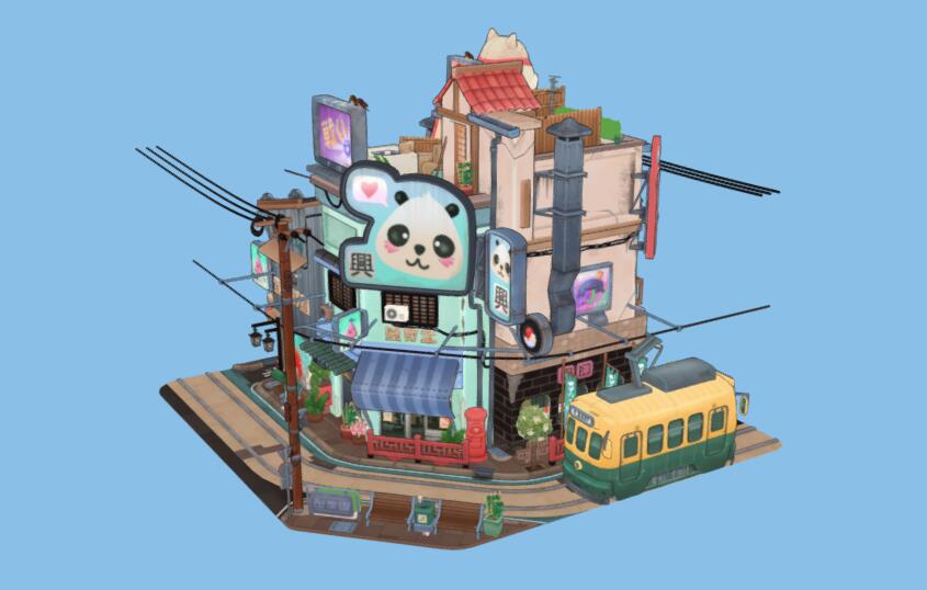 可爱卡通街道建筑场景