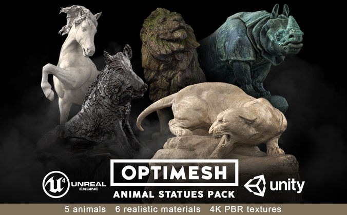 Animal Statues 3D PBR Pack lion puma rhino boar horse Low-poly 3D model