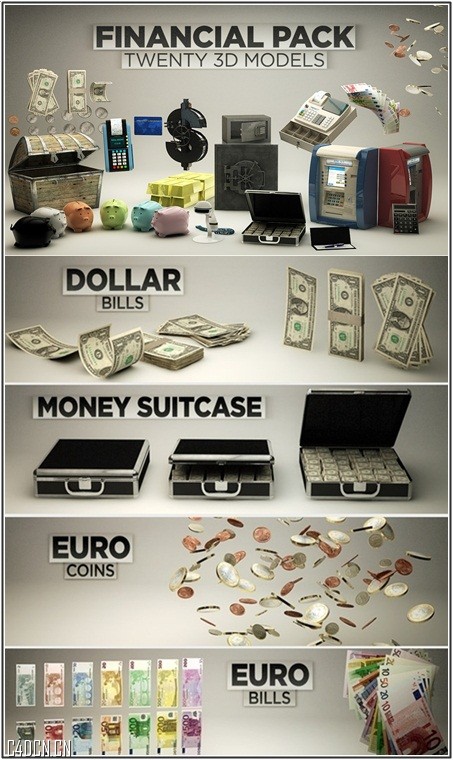 CINEMA 4D 金钱模型包合集下载 The Pixel Lab 3D Financial Pack