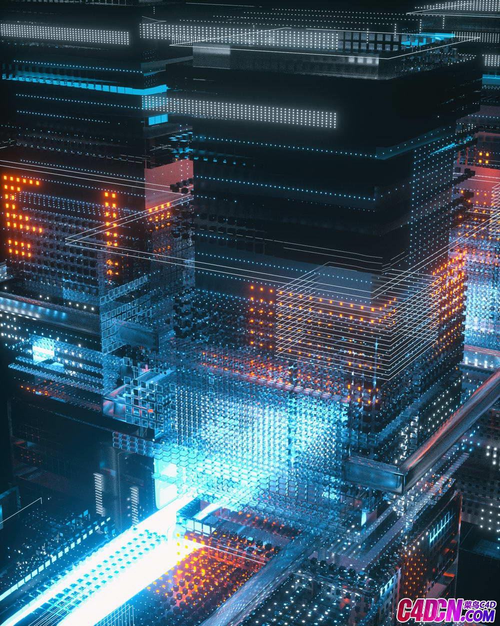Octane渲染器全息发光建筑C4D工程