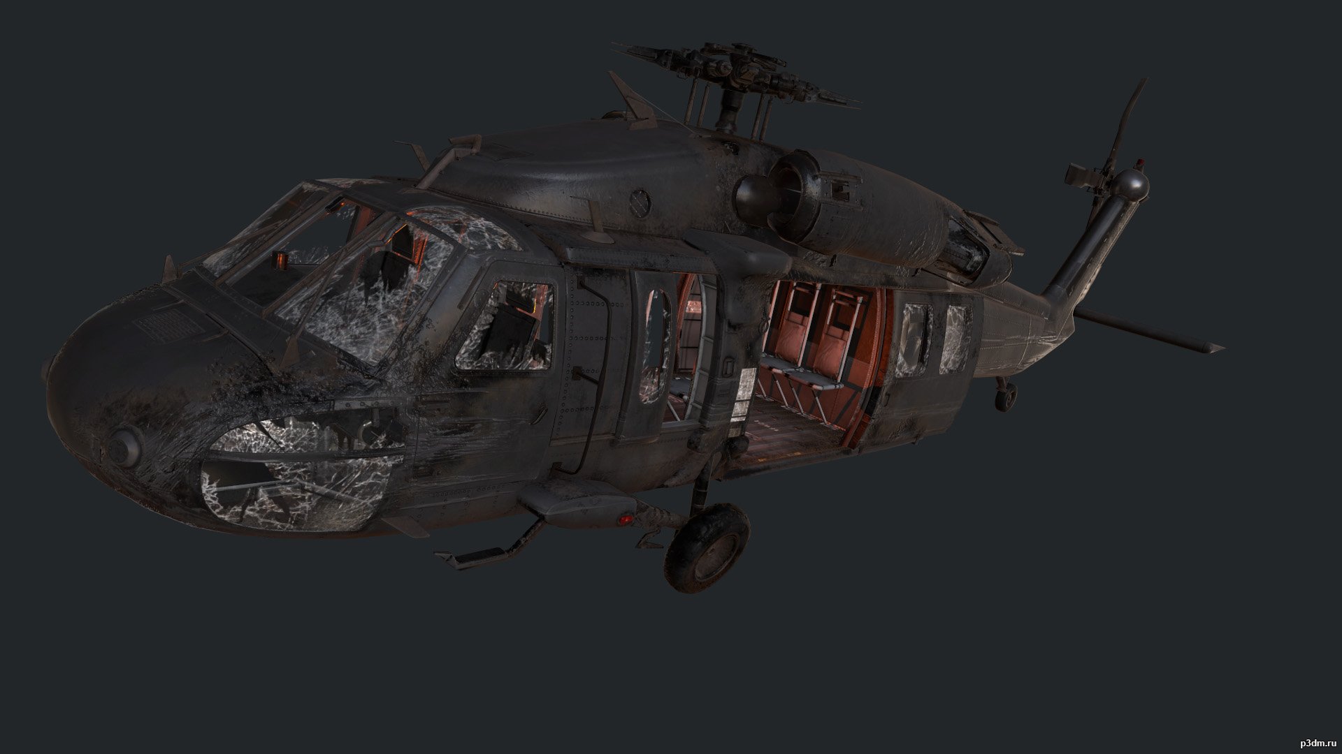 毁坏的黑鹰直升机Blackhawk damaged 3D model