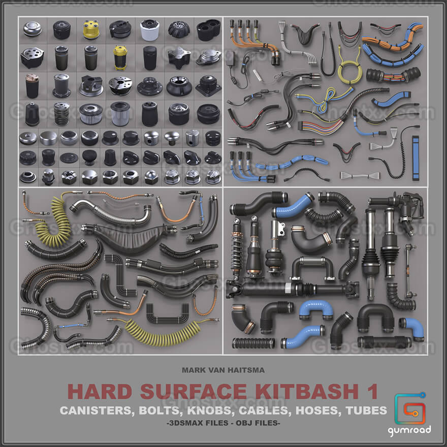 Gumroad - Hard Surface Kitbash Library 1 - Canisters Bolts Knobs Cables Hoses...